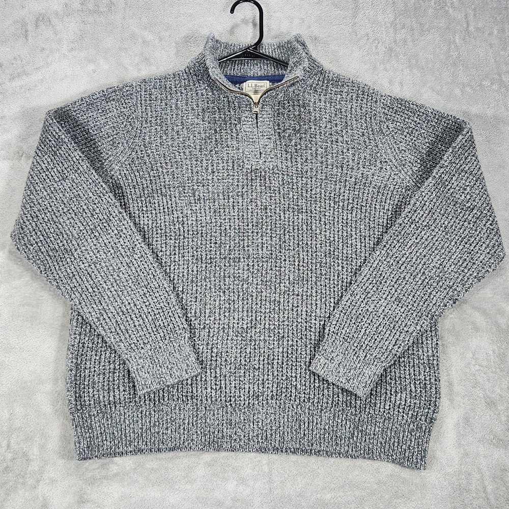 L.L.Bean Sweater Mens Medium Gray Organic Cotton 1/4 Zip Mock Neck Waffle Knit